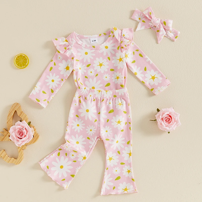 Baby Girls Fall 3PCS Sets Flying Sleeve O Neck Romper Flower Print Flared Pants Headband Sets