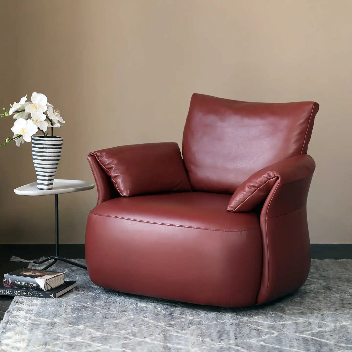 #Elephant Ear Italian Minimalist Genuine Leather Leisure Chair with Rotation Reclining & Armrests for Living Room & Office Use