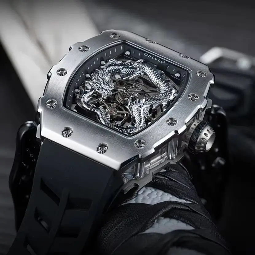 OBLVLO ساعة أوتوماتيكية للرجال 50 مللي متر Tonneau ساعة يد ميكانيكية مضيئة الهيكل العظمي التنين الهاتفي الياقوت مرآة