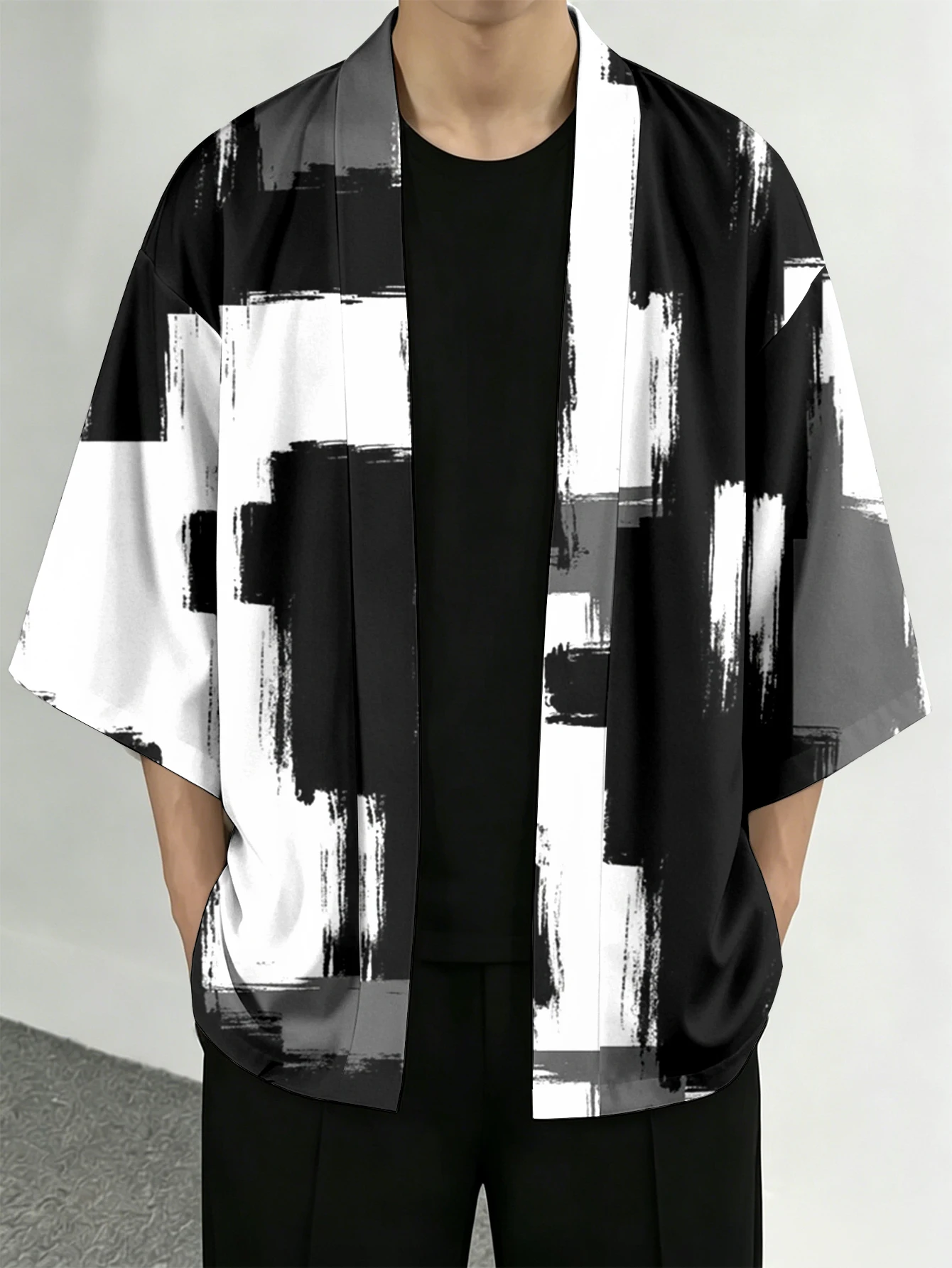 

Men's casual top Abstract Brushstroke Pattern Casual Openfront top for everyday wear 3D Digital Print 100% Polyester Black and White Printed Kimono Cardigan Fit for Spring/Summer Resort and Street Fashion Apparel