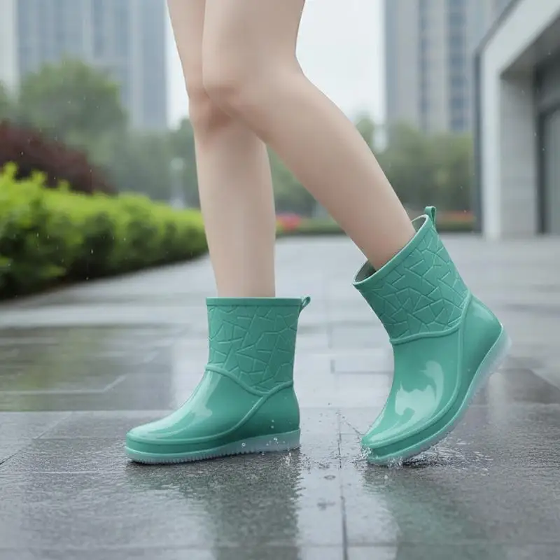 Women's Fashion Platform Rain Boots Waterproof Non-Slip PVC Mid-Calf Stylish Shoes for Wet Weather Daily Walking