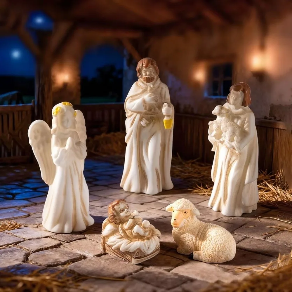7Pcs Miniature Nativity Scene Figurine Set Resin Craft Small Figurine Christmas Manger Resin Statues Vintage Desktop Scene