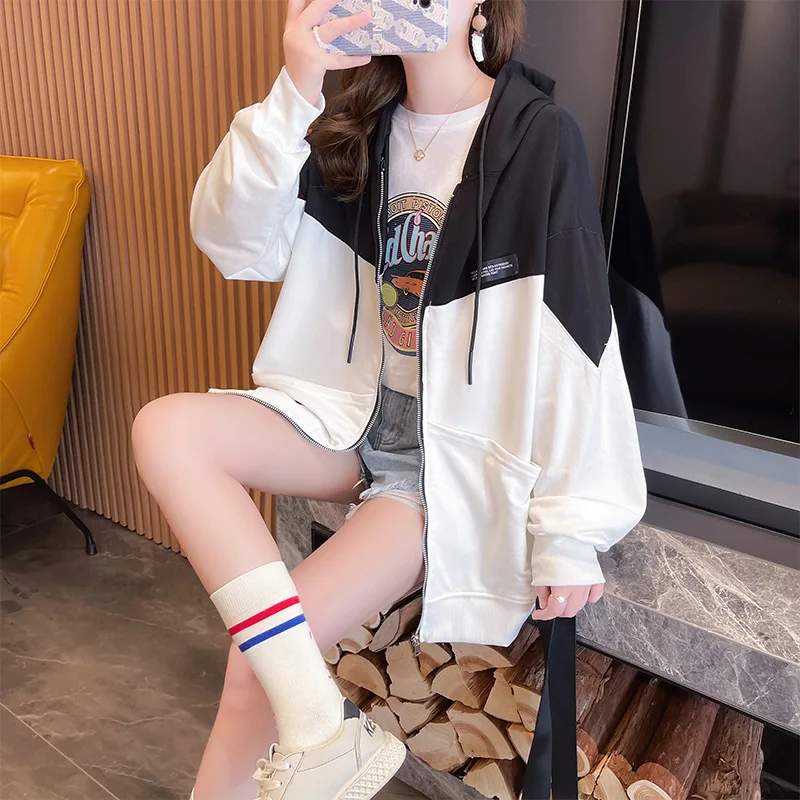 Women Harajuku Streetwear Casual Long Sleeve Korean Fleece Contrast Color Oversize Female Hooded Sweatshirts Zipper Hoodie Coats