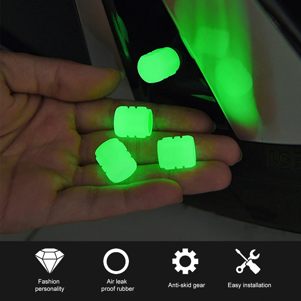 

4pcs Skull Car Tire Valve Caps Luminous Wheel Hub Covers Glowing Fluorescent Dust-Proof Tyre Nozzle Stem Caps for Bicycle Auto