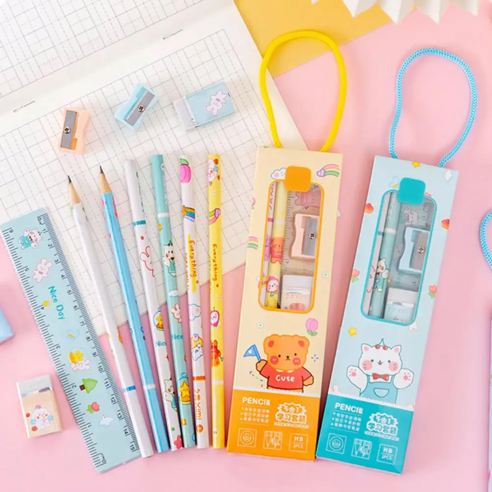 5 in 1 Pencil Stationery Set Cartoon Eraser Pencil Sharpener Ruler Pencil Eraser Kit Smooth Writing Pen Children's Day Gifts