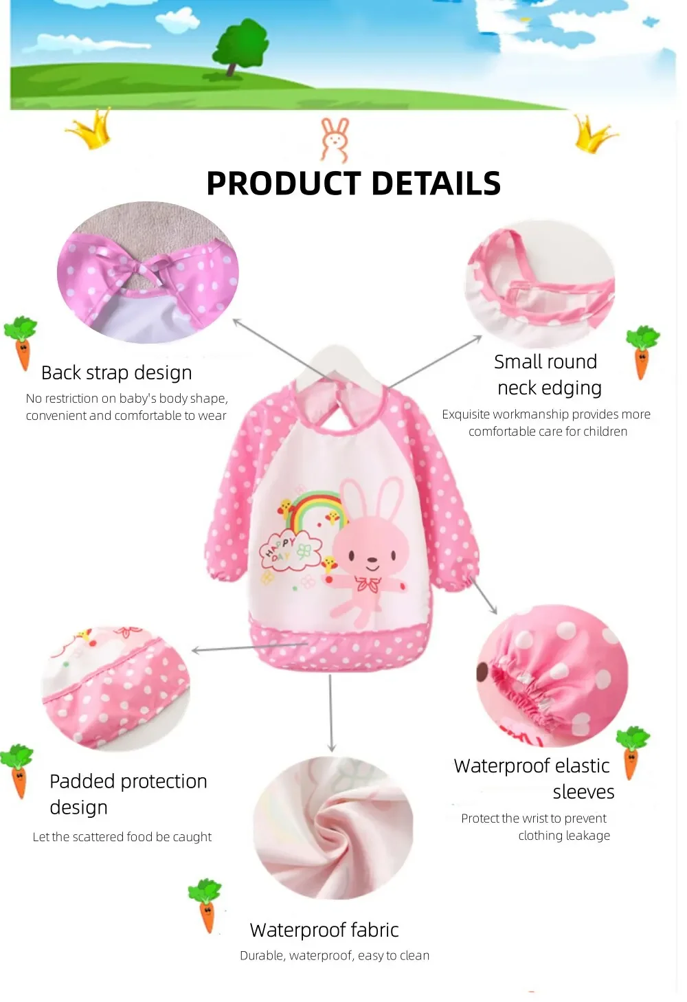 Waterproof Polyester Baby Bib, Long Sleeve, Cartoon Bib, Washable Full Cover, Bib Over Clothes