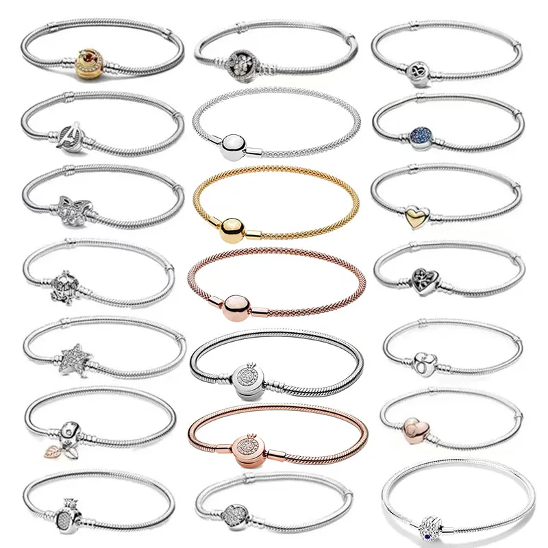 

100% S925 sterling silver heart-shaped crown snake bone bracelet, suitable for original DlY bracelet, women's fashion jewelry