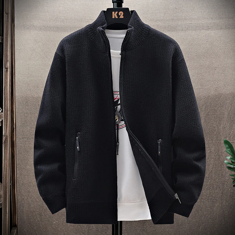 

Повседневный кардиган на молнии с воротником-стойкой и карманами на молнии, однотонная верхняя одежда, новый мужской зимний свитер, теплый флисовый кардиган, свитера
