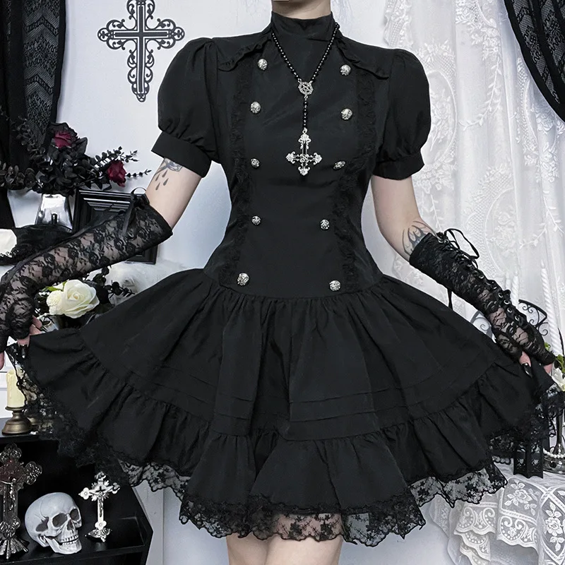 Vestido de lolita Vintage gótico oscuro francés de verano para mujer Y2K estético Punk Puffed manga Mini vestido Harajuku ropa subcultural