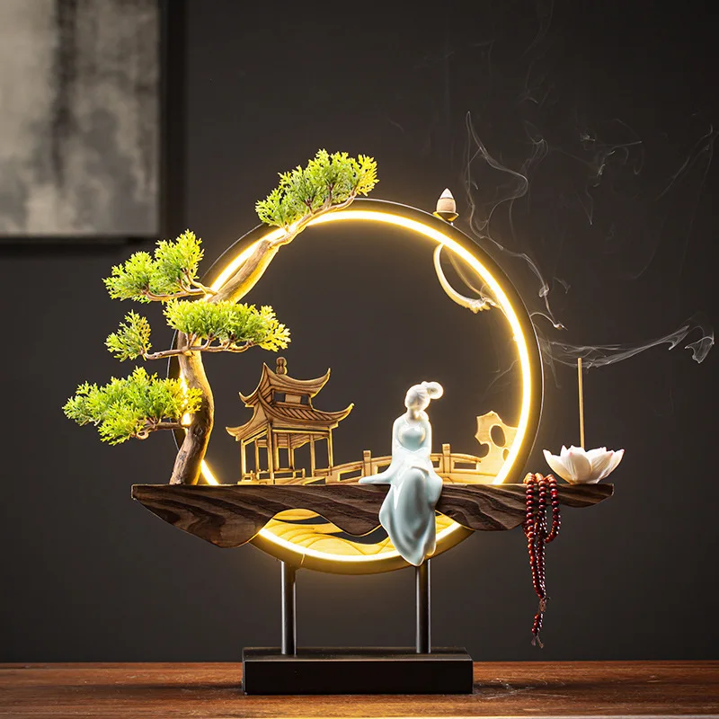 Large Size Chinese Style Backflow Incense Burner with USB LED Light Ring Nice Lady Ceramics Home Decor Ornaments Pine Cypress