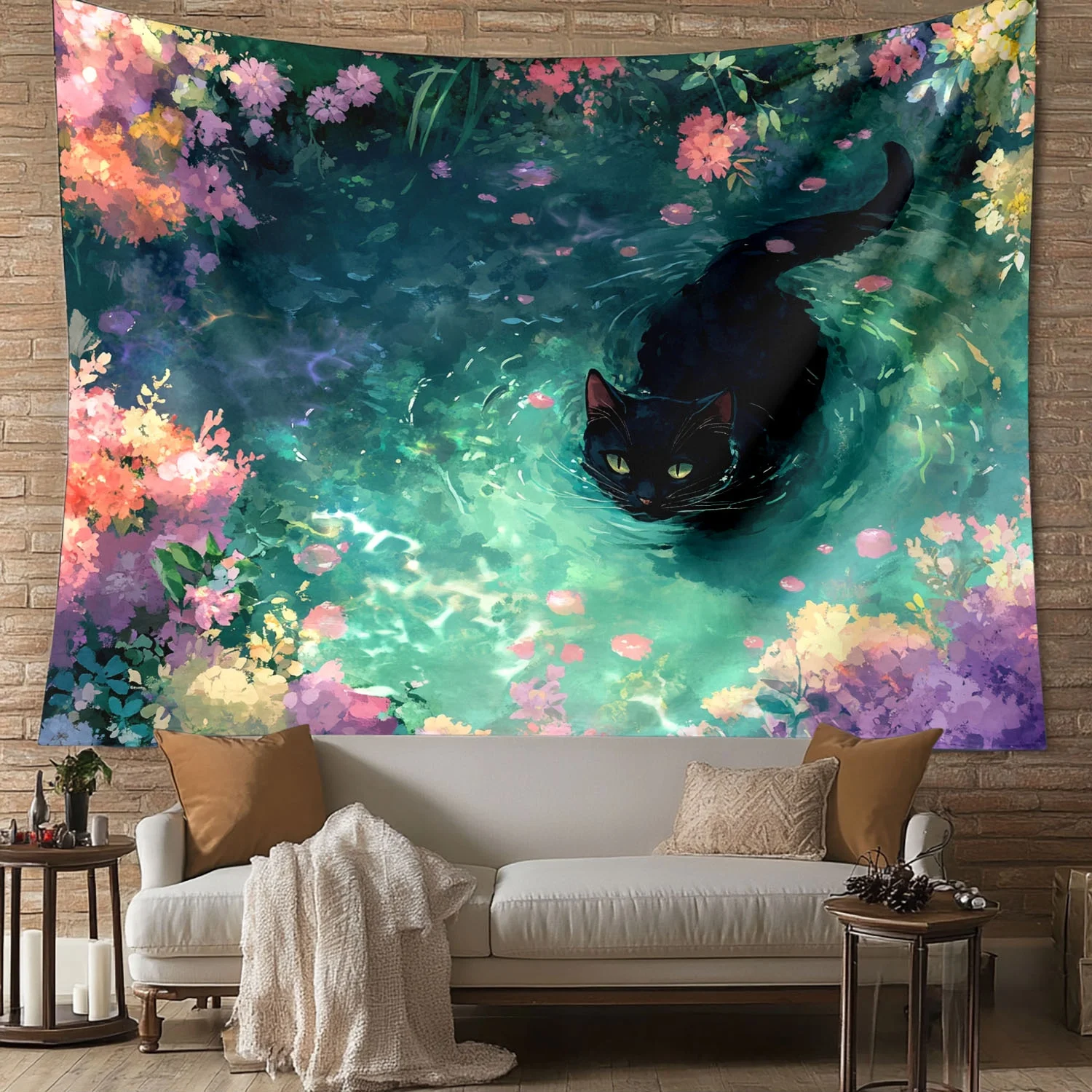 1 pieza de tapicería de gato negro mágico para colgar en la pared - Jardín encantado con diseño floral colorido, gran tela de po