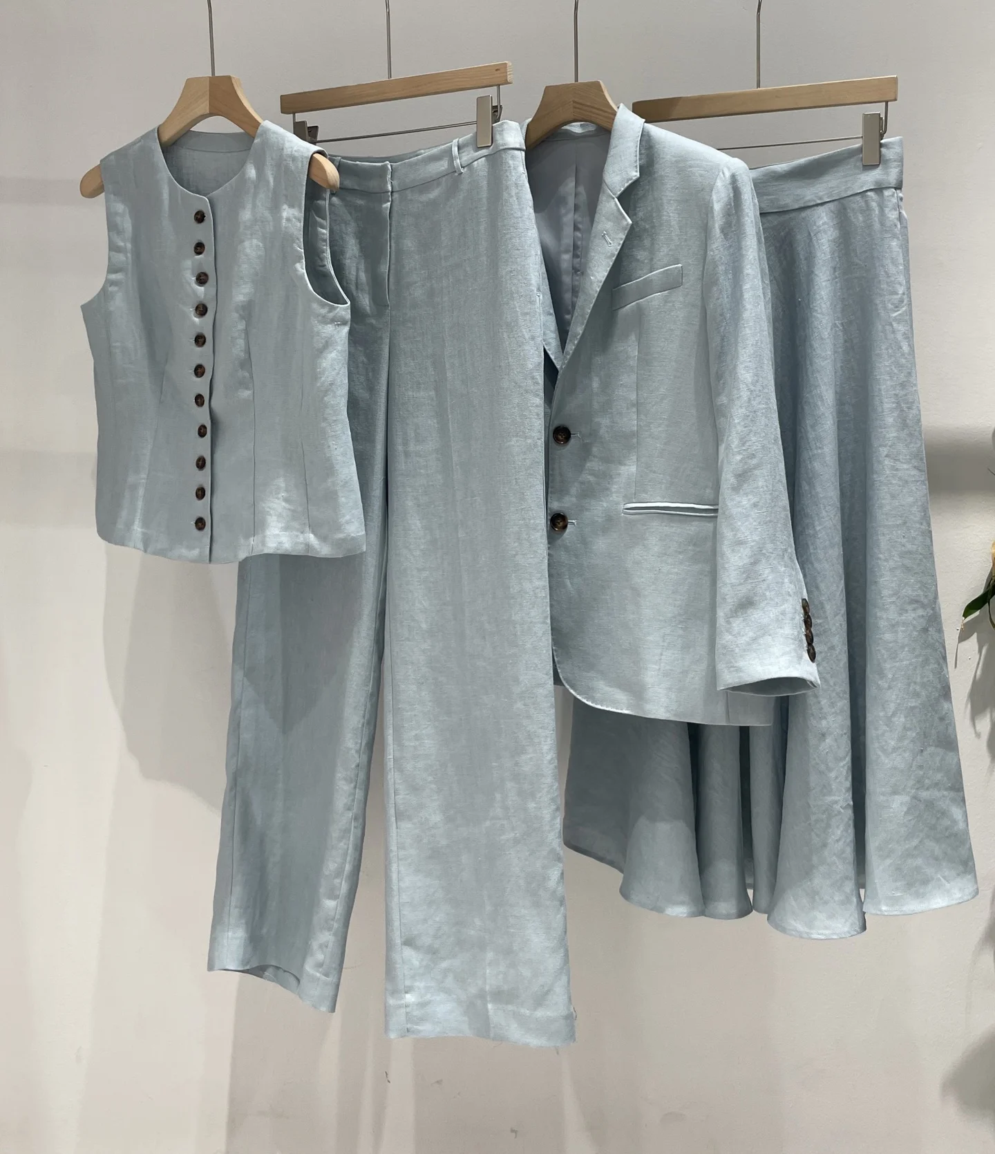Women's 100% Linen Set Autumn 2026: Blazer, Vest, Straight-Leg Trousers, and Skirt