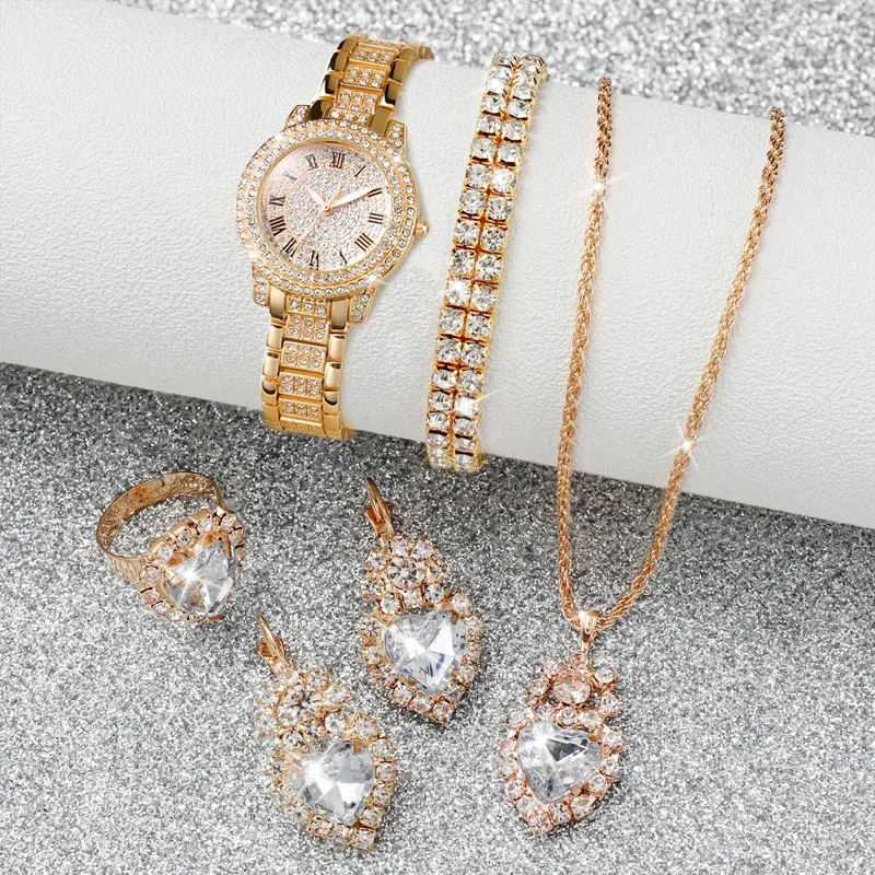 6PCS/Set أزياء الماس الكامل المرأة ووتش الذهب الصلب الفرقة الكوارتز الساعات الماس والمجوهرات مجموعة