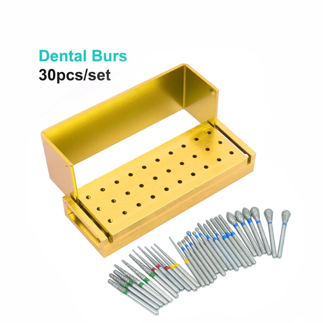 30Pcs/Set Dental Diamond Burs Kit with Holder for High Speed HandpiecePolishing Drillls + 1pcs Aluminum Disinfection Holder Bloc