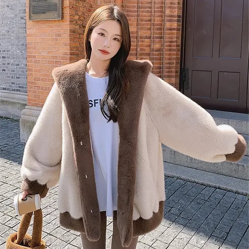 Autumn Winter Mink Fur Coat Women 2024 New Fashion Loose Casual Hooded Cotton Jacket Thicken Warm Pure Colour Outerwear Female