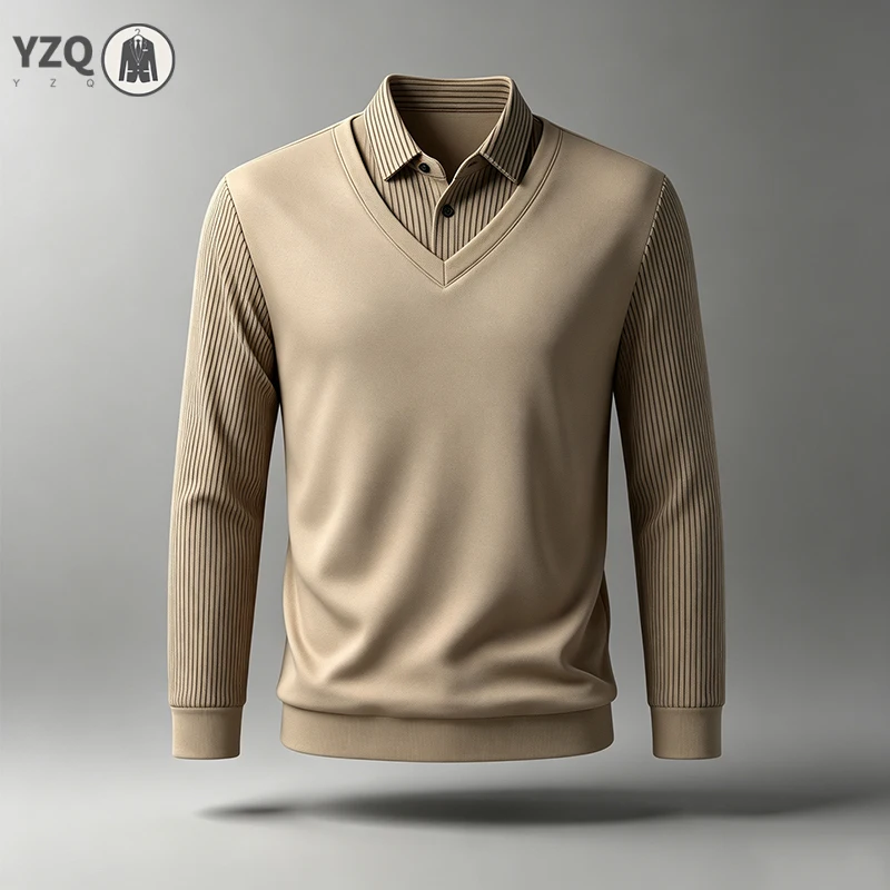 Mens Office‑Oriented Fake Two‑Piece Pullover V Neck Ribbed Sleeve Soft Material For Strolling Meeting And Daily Relax Outfit
