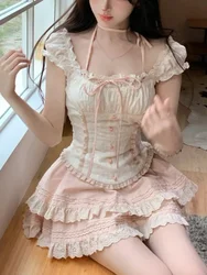 2024 New Japanese Kawaii Sweet Elegant  2 Piece Set Women Lace Up Vintage Kawaii Set Female Y2k Princess Mini Skirt Suit