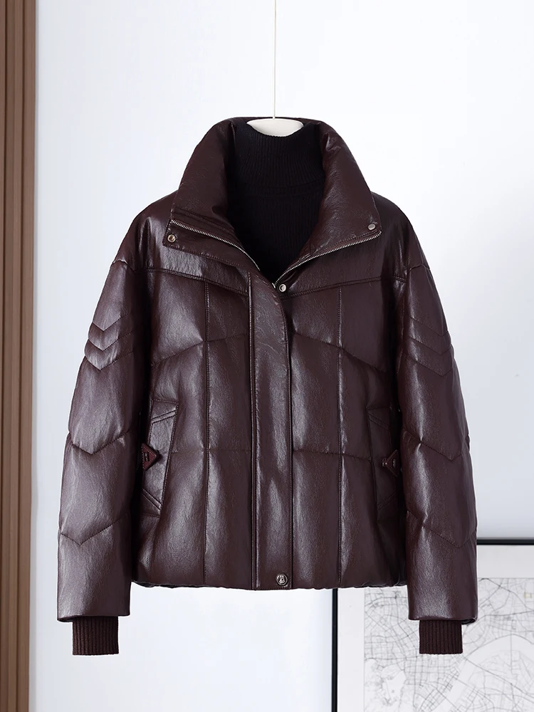 

Женская короткая куртка-пуховик Ning из натуральной кожи, новая модная модель 2025 года, свободного кроя, с воротником-стойкой, из овчины, для невысоких женщин