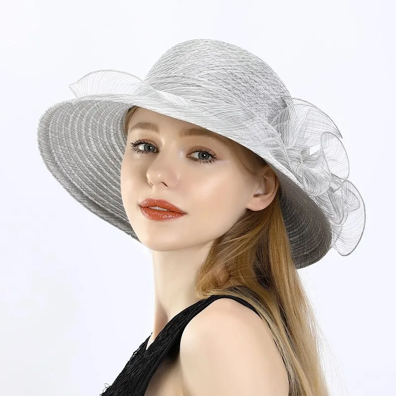 2024 New Summer Organza Visor Hat Children Sunscreen Flower Basin Hat Mother Hat Travel Sun Hat Middle-Aged and Elderly Hat