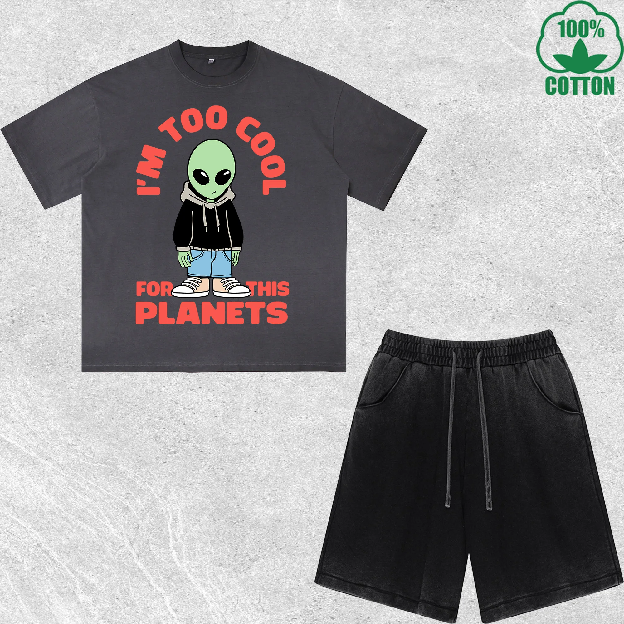 

Too Cool Planets Printed Dirty Wash T-Shirt Shorts Set Multicolor Combo Loose Trendy Fashionable 100%Cotton