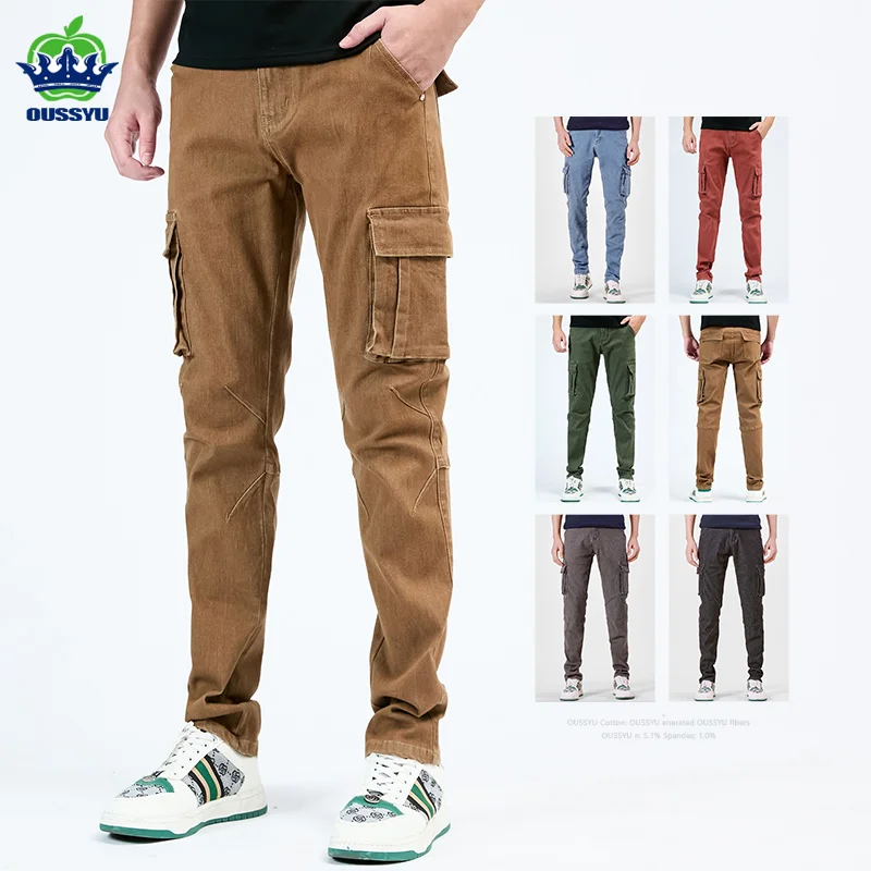 

2025 New Autumn Winter Cotton Men's Skinny Jeans Pocket Khaki Denim Cargo Pants Work Red Green Slim Overalls Trousers Male