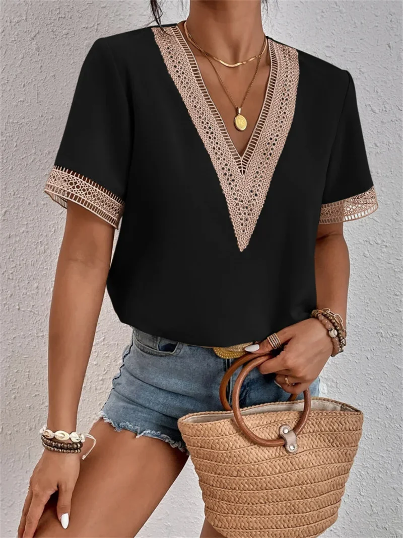 Women\'s Blouse V-neck Splicing Lace Elegant Commuter Loose Short Sleeve Shirt Female 2023 Summer British Style Daily Casual Tops