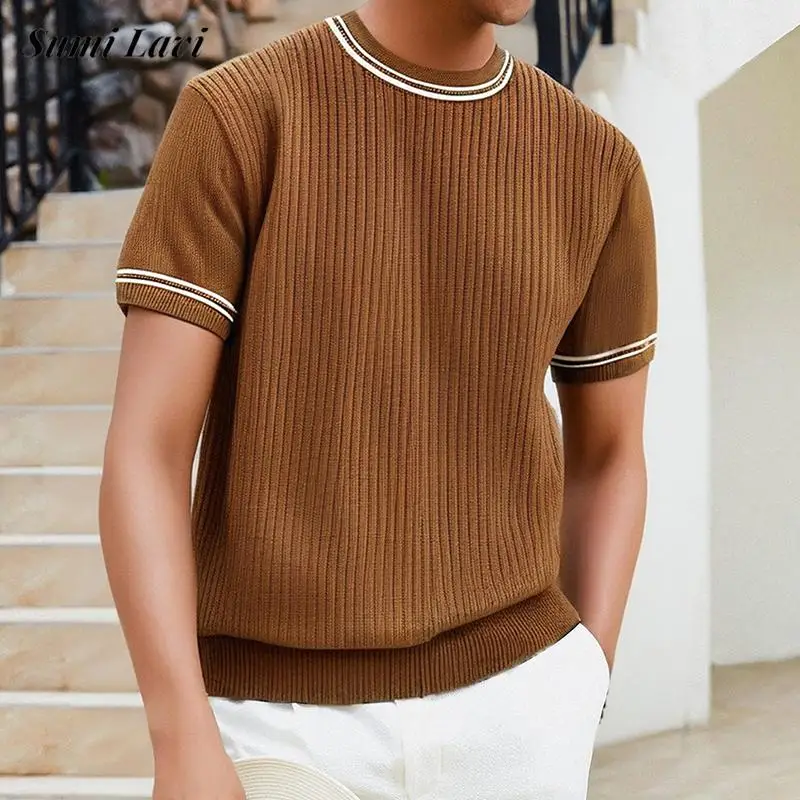 

Fashionable Mens Slim Knit T Shirts 2025 Spring Summer Casual Short Sleeve Crew Neck Striped Knitted T-shirt For Men Knit Jumper