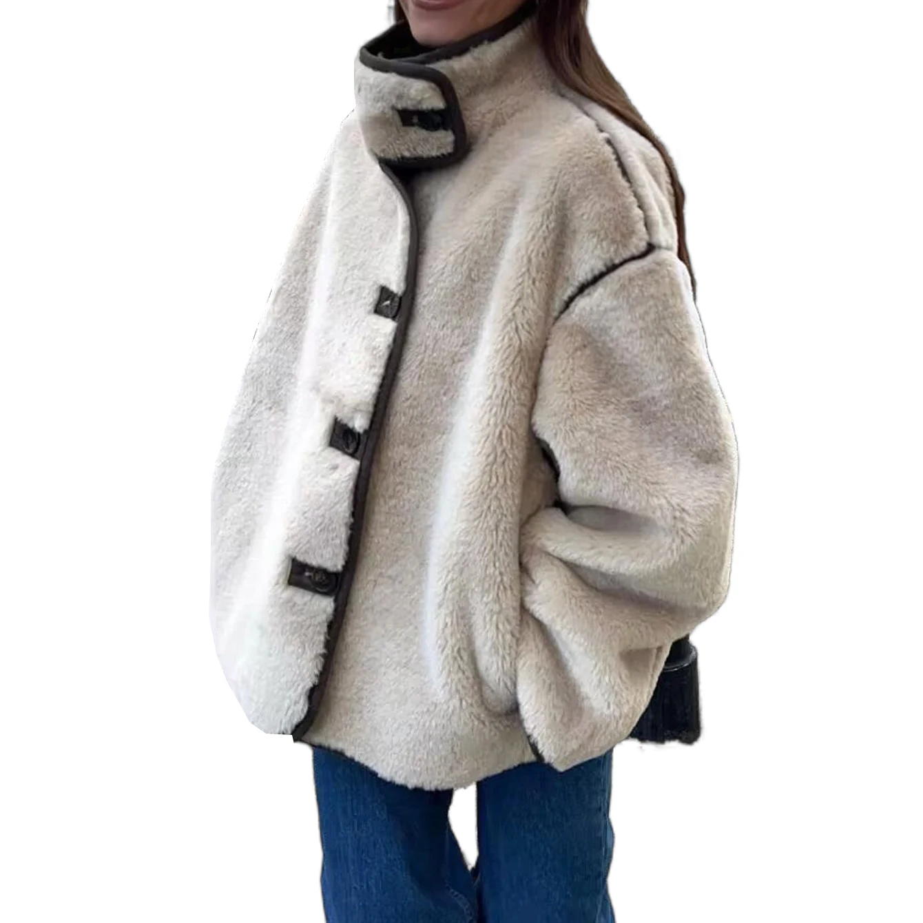 Women's Fur Coat with Fleece Inlay High Neck Loose Casual Fashionable Versatile Warm Cotton Jacket New