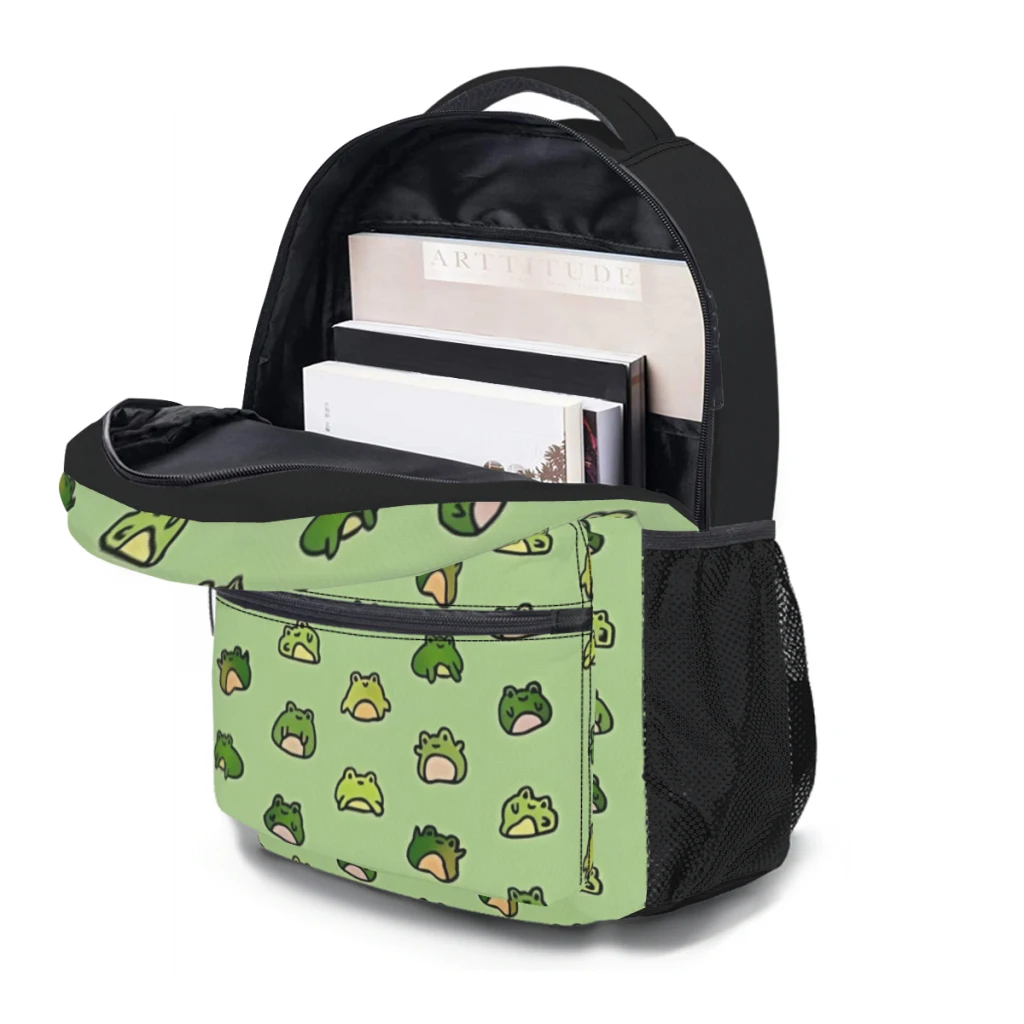 Cartoon Frogs Doodle Schoolbag para meninas, mochila estudantil de grande capacidade, estudante do ensino médio, 17"