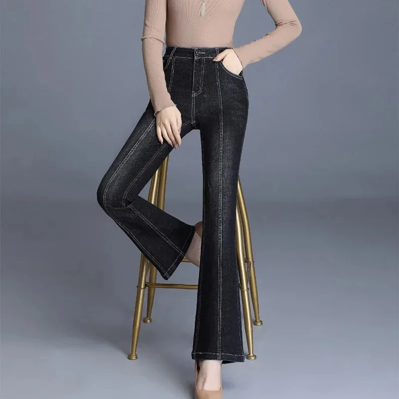2024 New Arrivals Elegant Jeans Blue/Black Denim Trousers Mother Bell Bottom Pants Women Fashion Skinny High Waist Flare Jeans