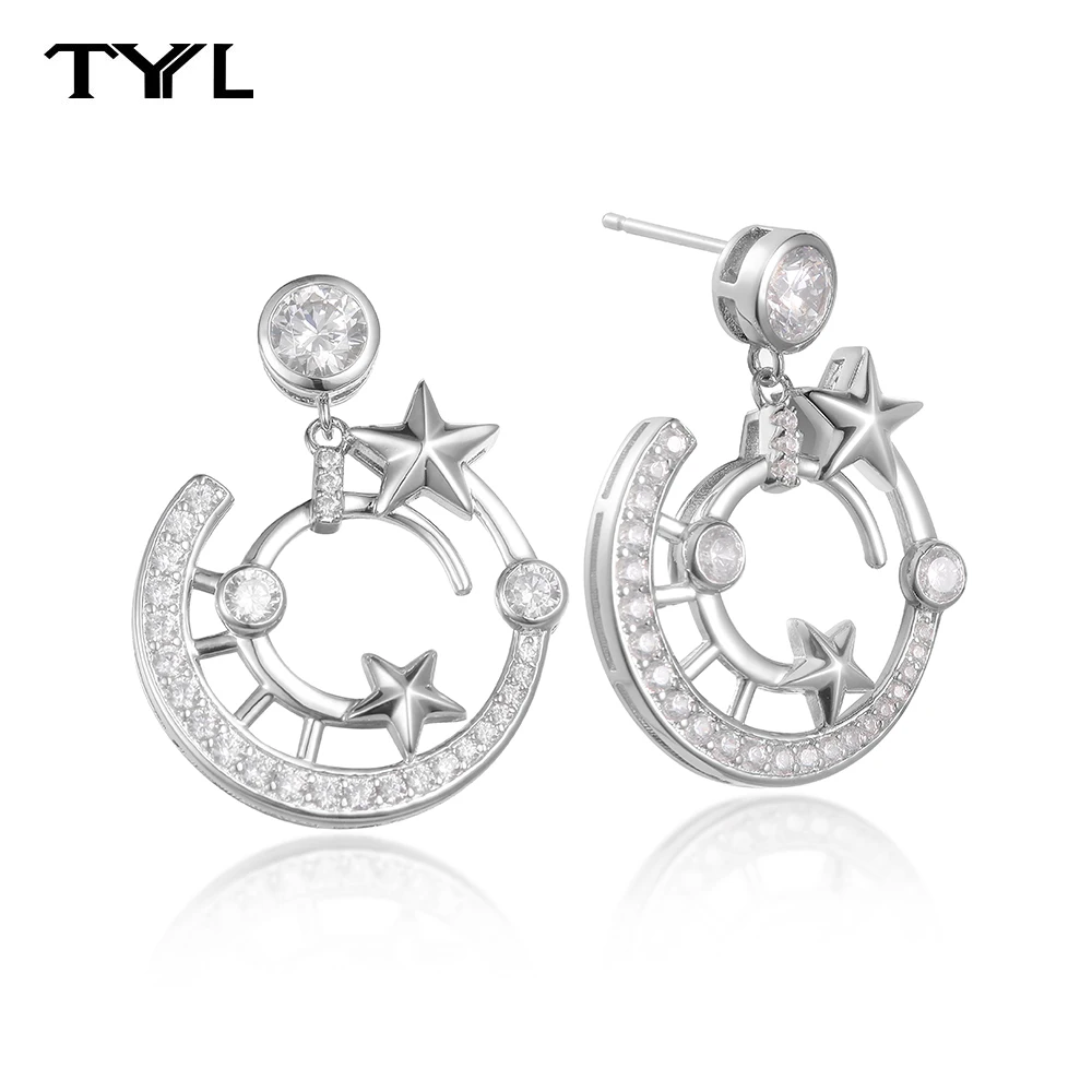 

TYYL Trend Moon Star Gemstone Silver Dangle Earrings Elegant Romantic Women's Jewelry Gift Exclusively Designed Holiday Present