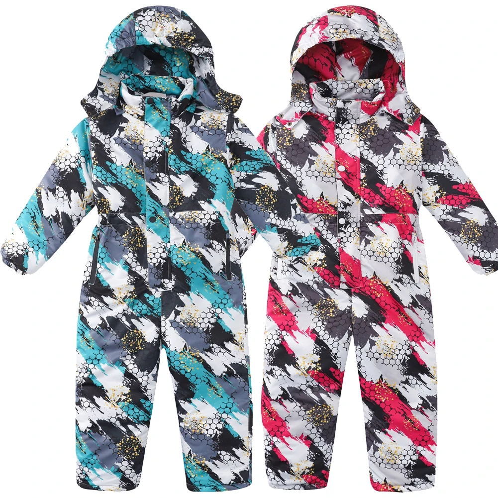 Kids Ski Suits One-piece Boys Girls Hooded Jumpsuit Winter Printed Waterproof Windproof Children's Warm Snowboarding Wear