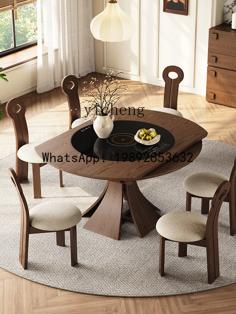 Vintage Style Solid Wood Telescopic Modern Simple Built-in Induction Cooker Turntable Retro Household