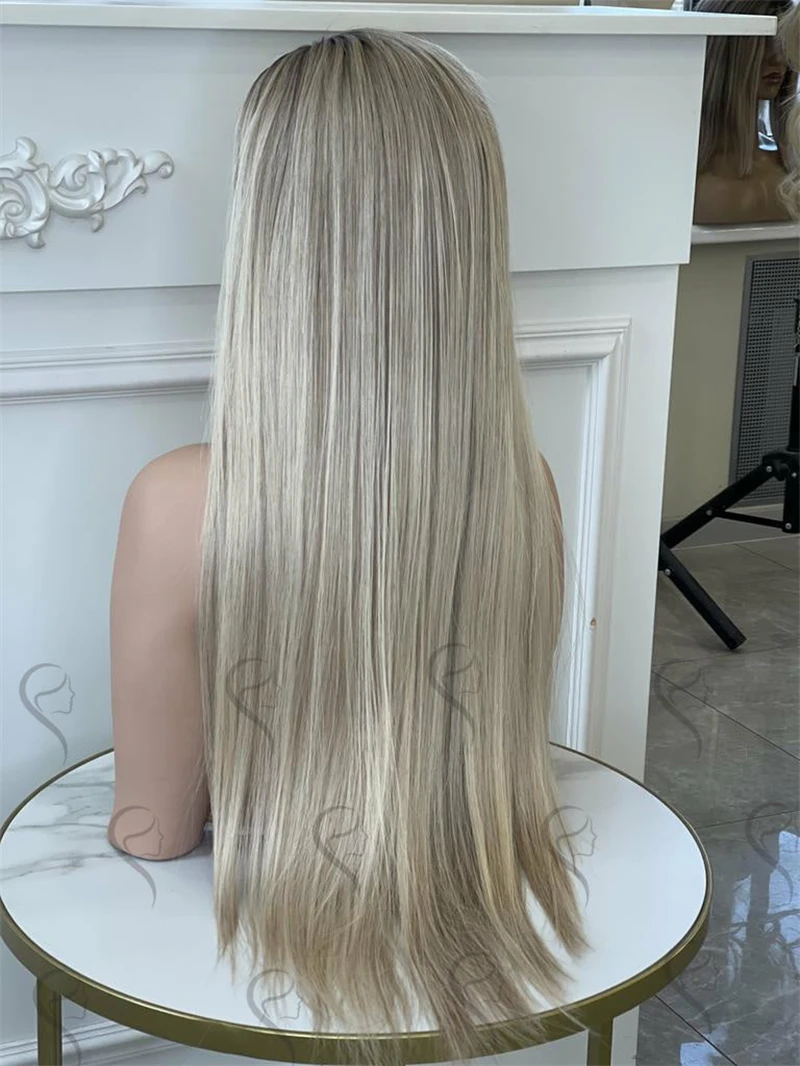 Peruka syntetyczna o długości 30 cali, super długa, prosta, ombre popielaty blond, peruka typu lace front, peruki HD o wysokiej gęstości dla kobiet, peruka damska do cosplayu.