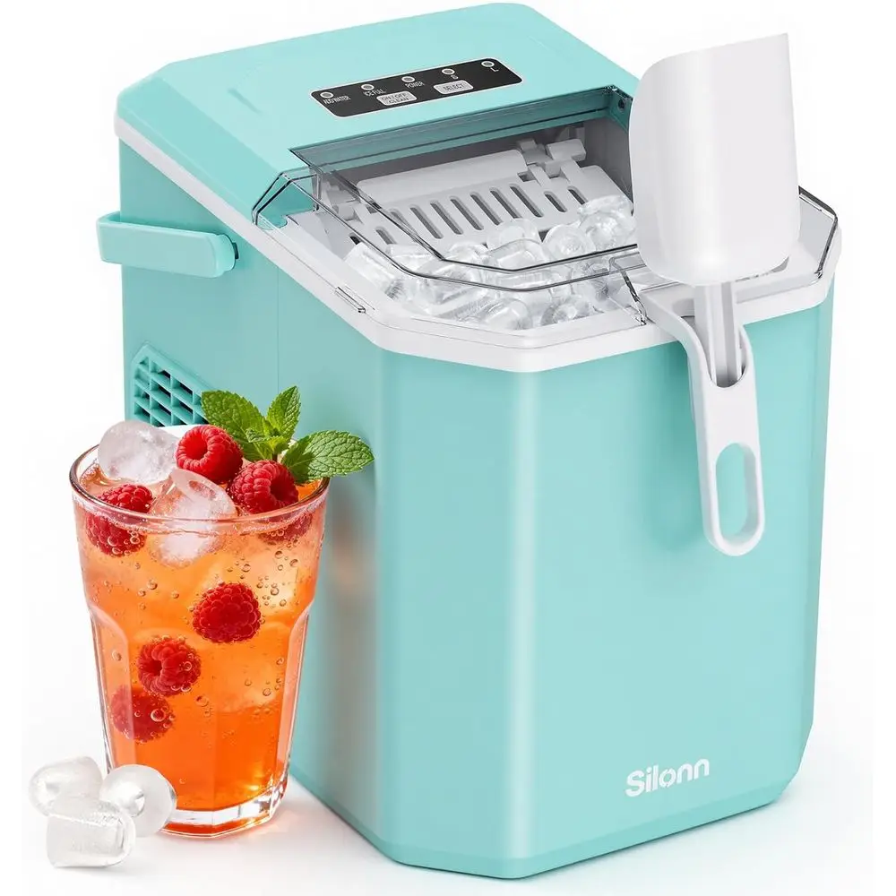 

Портативный настольный льдогенератор с ручкой для переноски, функцией самоочистки, производительностью 9 кубиков за 6 минут, 26 фунтов в сутки, идеально подходит для дома, кухни, кемпинга.