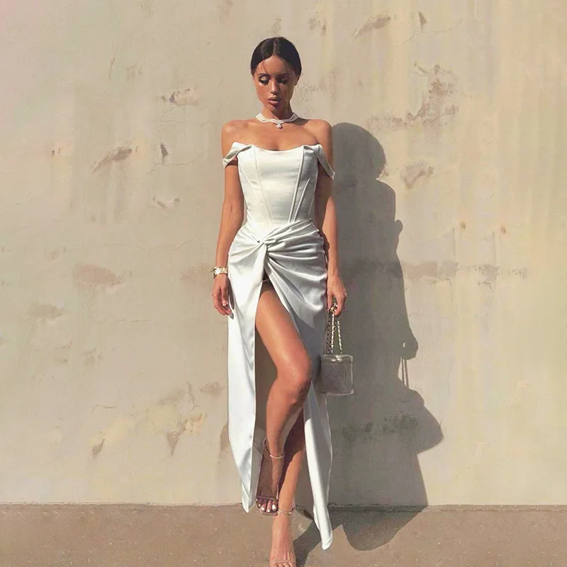 SKMY 2025 Sommer Party Neue Frauen Kleidung Mode Twisted Kleid Sexy Weg Von Der Schulter Split Unregelmäßige Satin Lange Kleider
