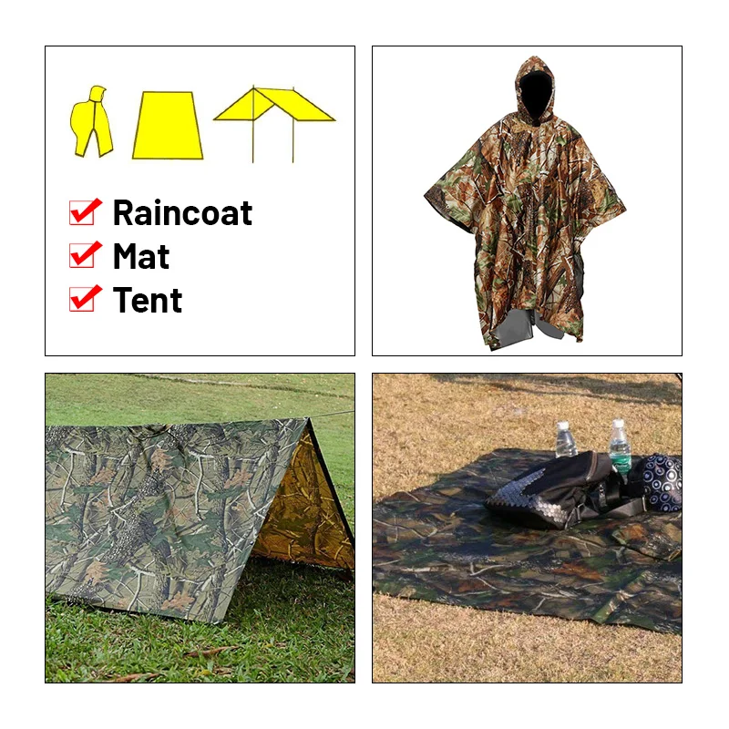 3 in 1 Multifunctional Raincoat Waterproof Rain Poncho Cover Outdoor Camping Clothes Shelter Tent Military Emergency Raincoat