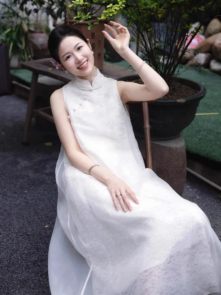 Été nouveau chinois Zen Sle mariage Dr blanc Svel Qipao dentelle jupe longue pour les femmes taille haute a-ligne robe