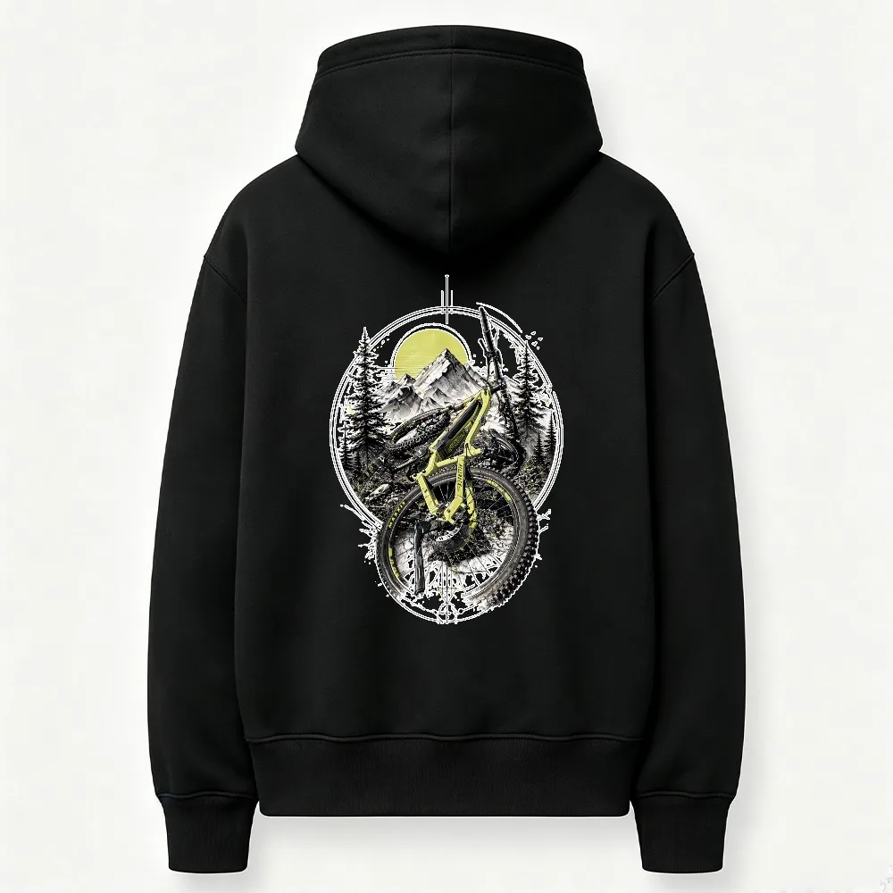 Mountain Bike Forest Sunset Graphic Hoodie Vintage MTB Pine Tree Mountain Landscape Art Print Sweatshirt Outdoor Cycling Tops