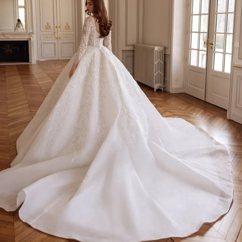 Vestidos De novia reales blancos personalizados, cola larga, apliques De encaje, cuentas De cristal De encaje De tul, bata hecha