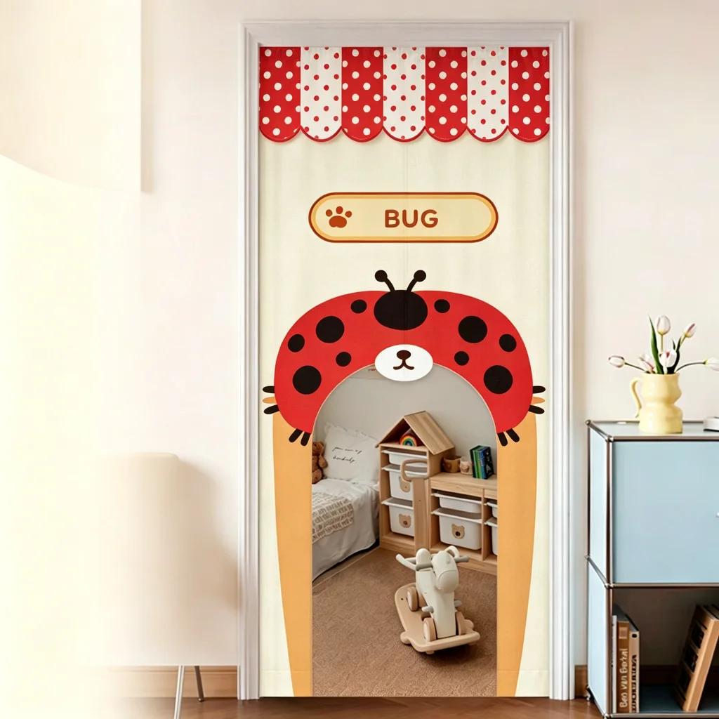 VIKAMA Cortina de media puerta con diseño de mariquita, ideal para habitaciones infantiles, dormitorios y guarderías. Cortina corta de algodón y lino, para crear privacidad y decorar el hogar.