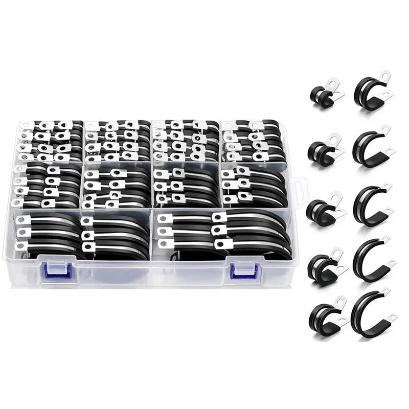 ABNO-Cable Clamps-112 PCS 10 Sizes- Stainless Steel Pipe Clamp Assortment Kit Rubber Cushion Insulated Wire Clamps