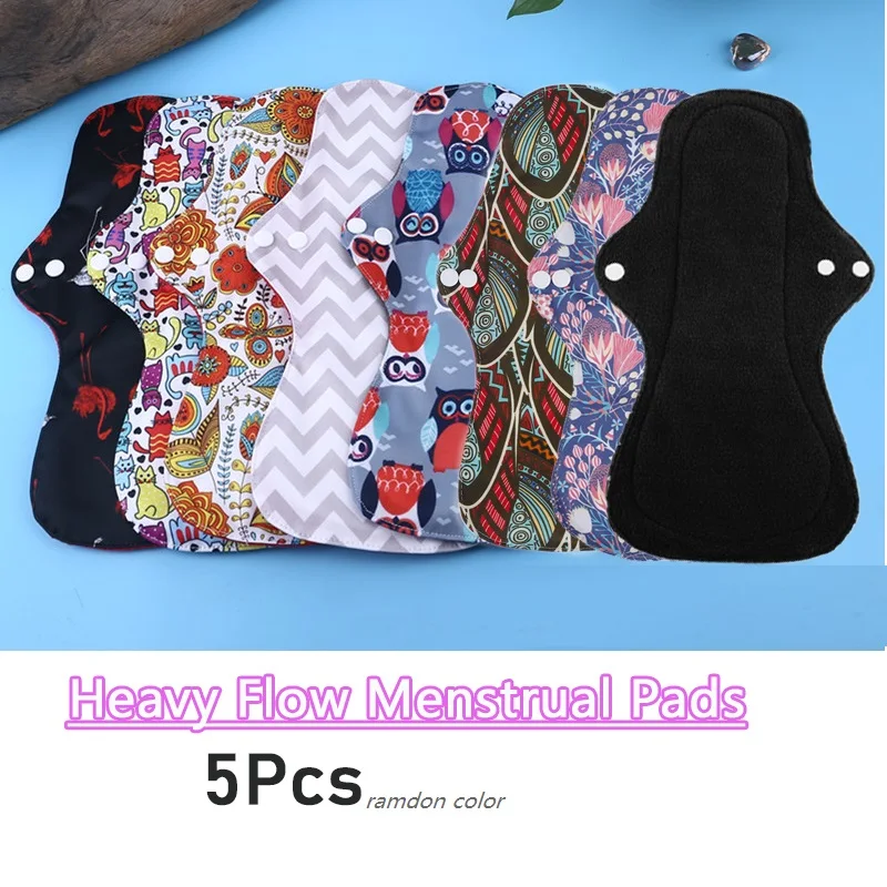 5PCS Reusable Menstrual Pads Heavy Flow Women Menstrual Period Washable Sanitary Napkin Organic Bamboo Charcoal Cloth Pad