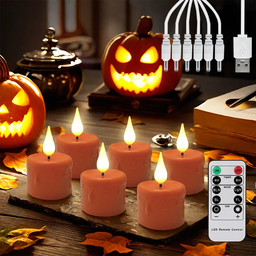 

Rechargeable Flameless Candle Set 6pc Candle With Remote Control LED Tealight Warm Light for Halloween Christmas Home Decoration