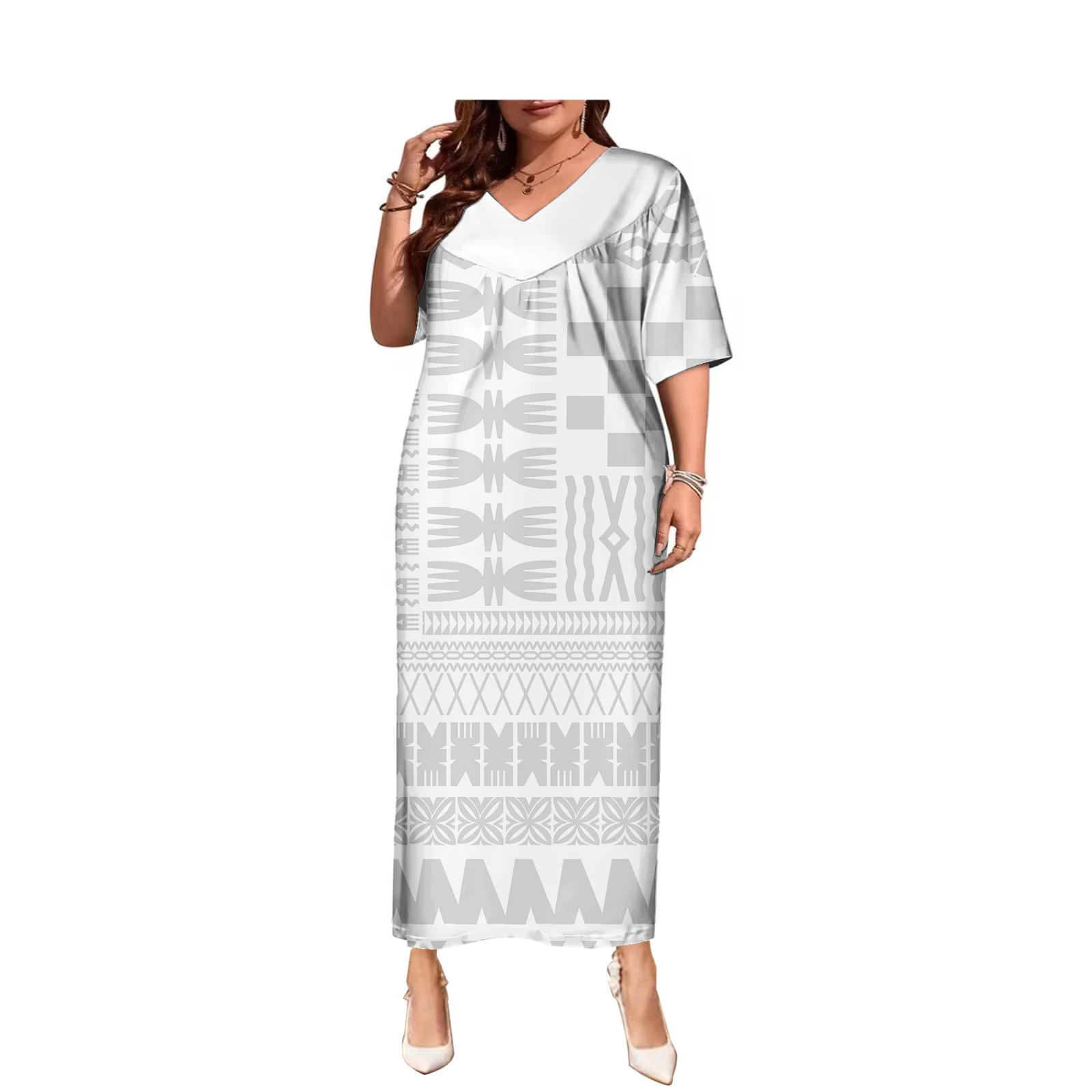 

Traditional Samoan Polynesian Tribal White Puletasi Dress Summer Custom Print Short Sleeve Casual Plus Size Dress For Fat Women