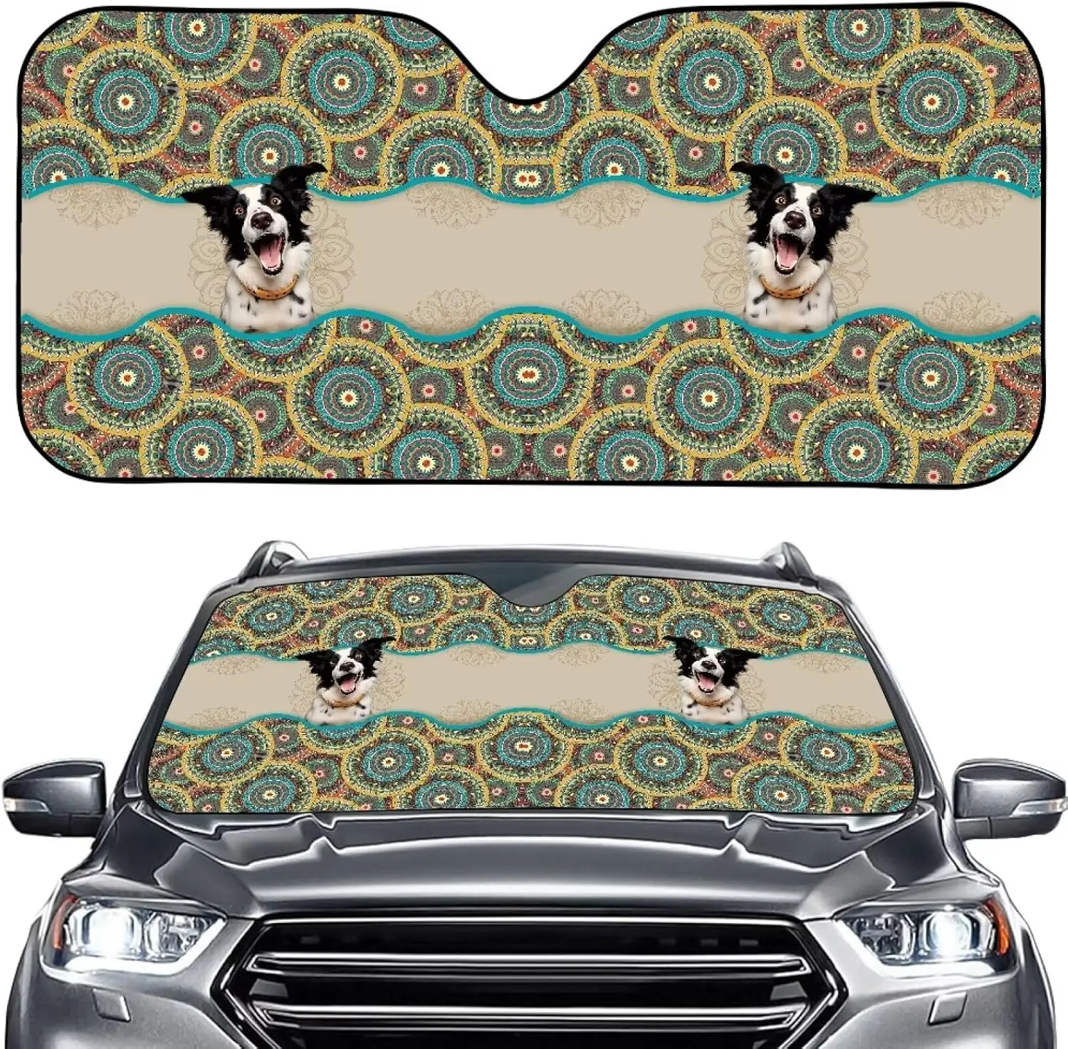 

Boho Mandala Print Car Front Windshield Sun Sha, Borr Collie Design Accordion Car Sun Sha Heat Shield Sun Visor