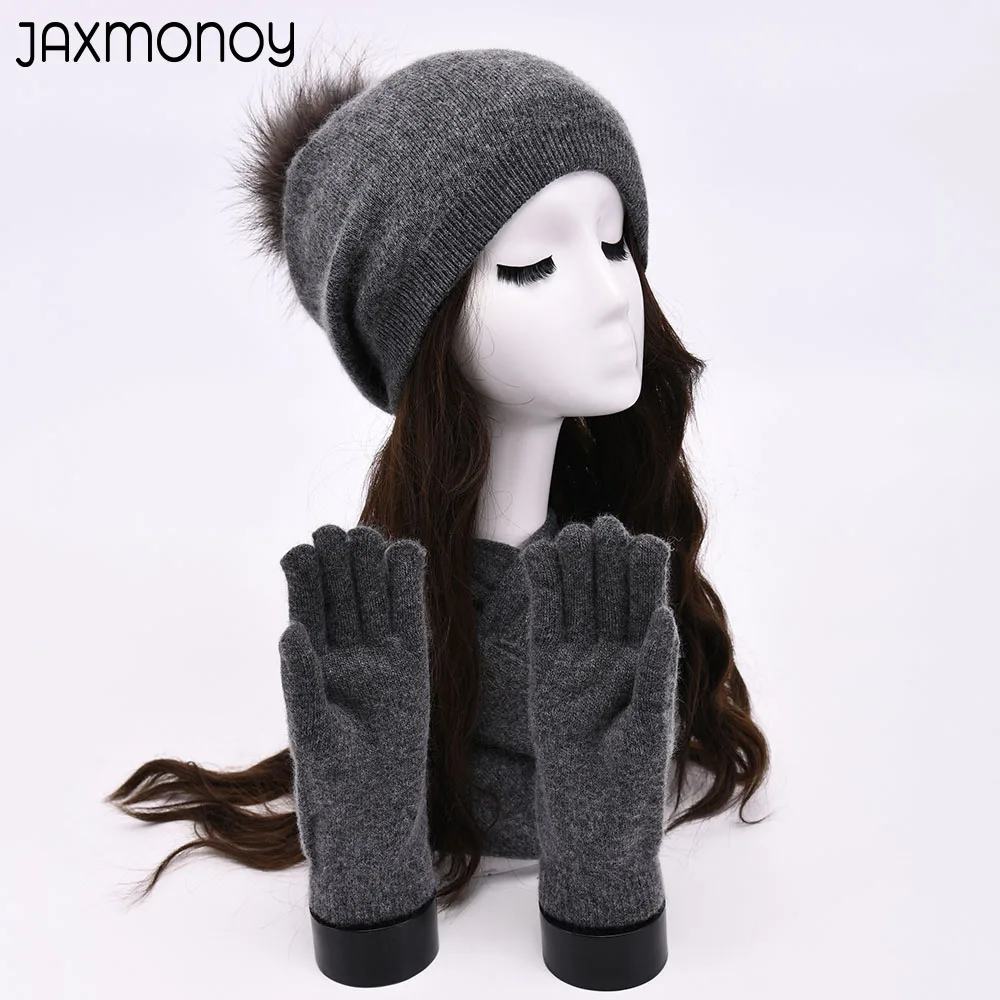 Jaxmonoy topi Beanie kasmir musim dingin, topi syal rajut dan sarung tangan tiga potong Set lapisan ganda hangat untuk wanita