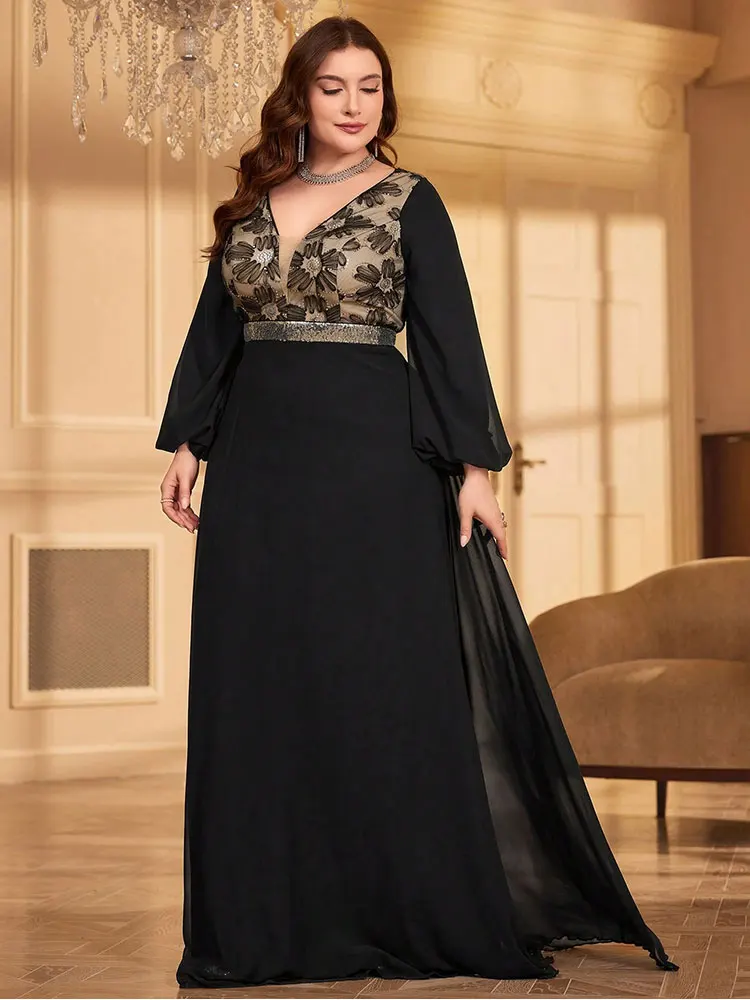 Plus Size V Neck Black Embroidered Floor-Length Evening Dress 4XL 5XL Big Size Shiny Floor-Length Evening Dress 2024 Women