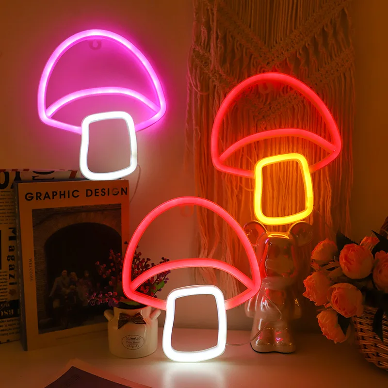 LED Neon Mushroom Cherry Banana Neon Signs Night Light 3D Wall Art & Game Room Bedroom Living Room Birthday Party Decor Lamp