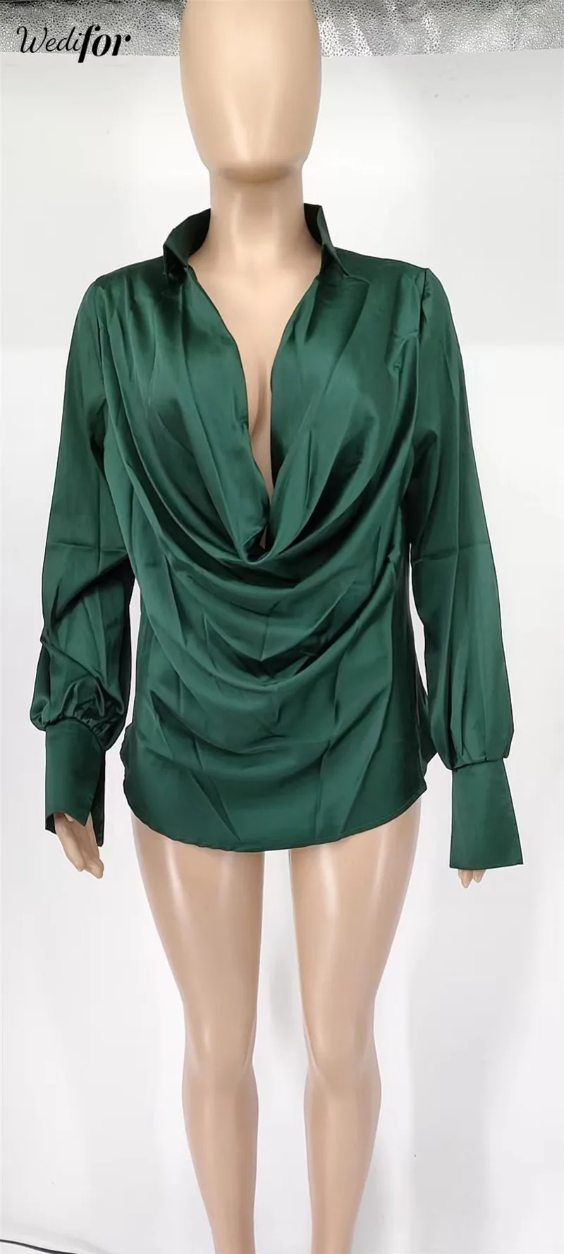 Wedifor Sexy Deep V Neck Long Sleeve Women Shirts Fashion Draped Solid Color Satin Blouse Elegant Fall Winter Ladies Tops